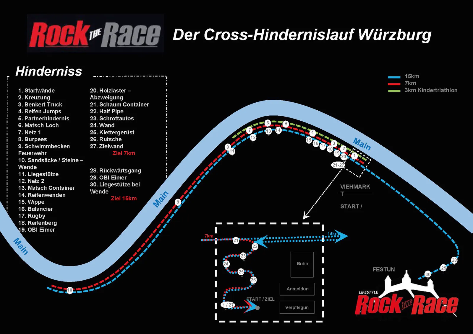 Lageplan 2026: Geländeplan von Rock the Race am Viehmarktplatz mit Start, Ziel und Hindernissen