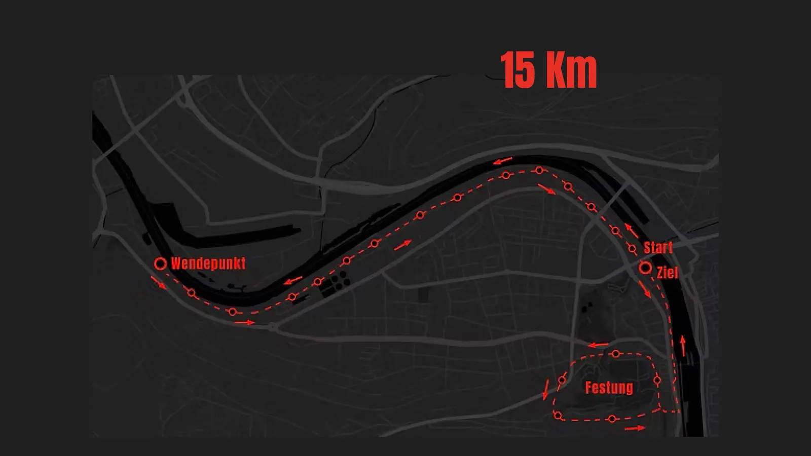 Streckenplan 15 km mit Start am Viehmarktplatz und Schleife zur Festung